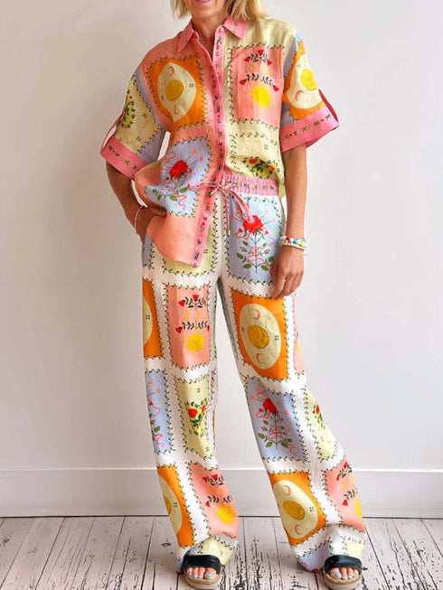 'Duneberry' Garden Print Button Down Shirt and Pants Set - Celes Fashion